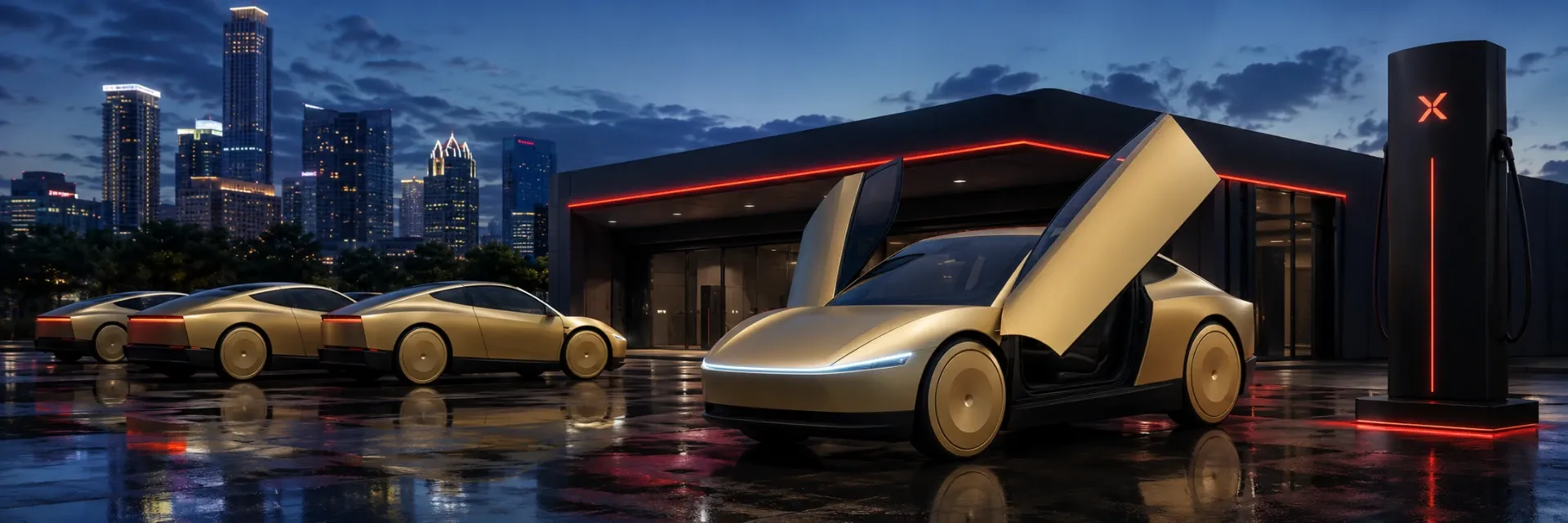 A depot at night with Cybercabs charging under a lit skyline