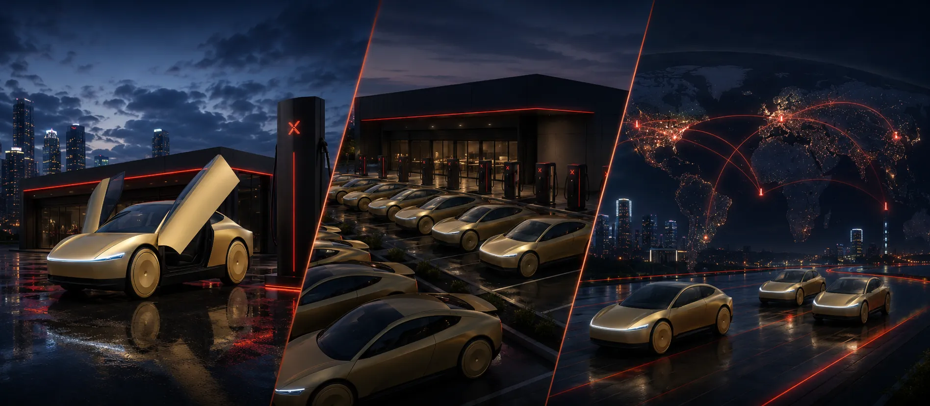 Triptych of robotaxi depot scenes — charging, staging and network routing