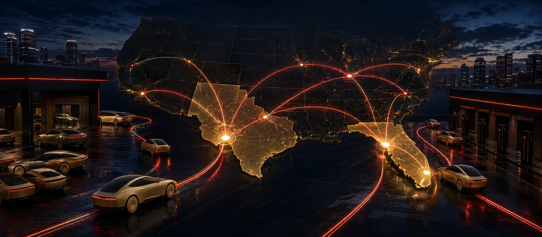 Glowing US network over a robotaxi depot at night
